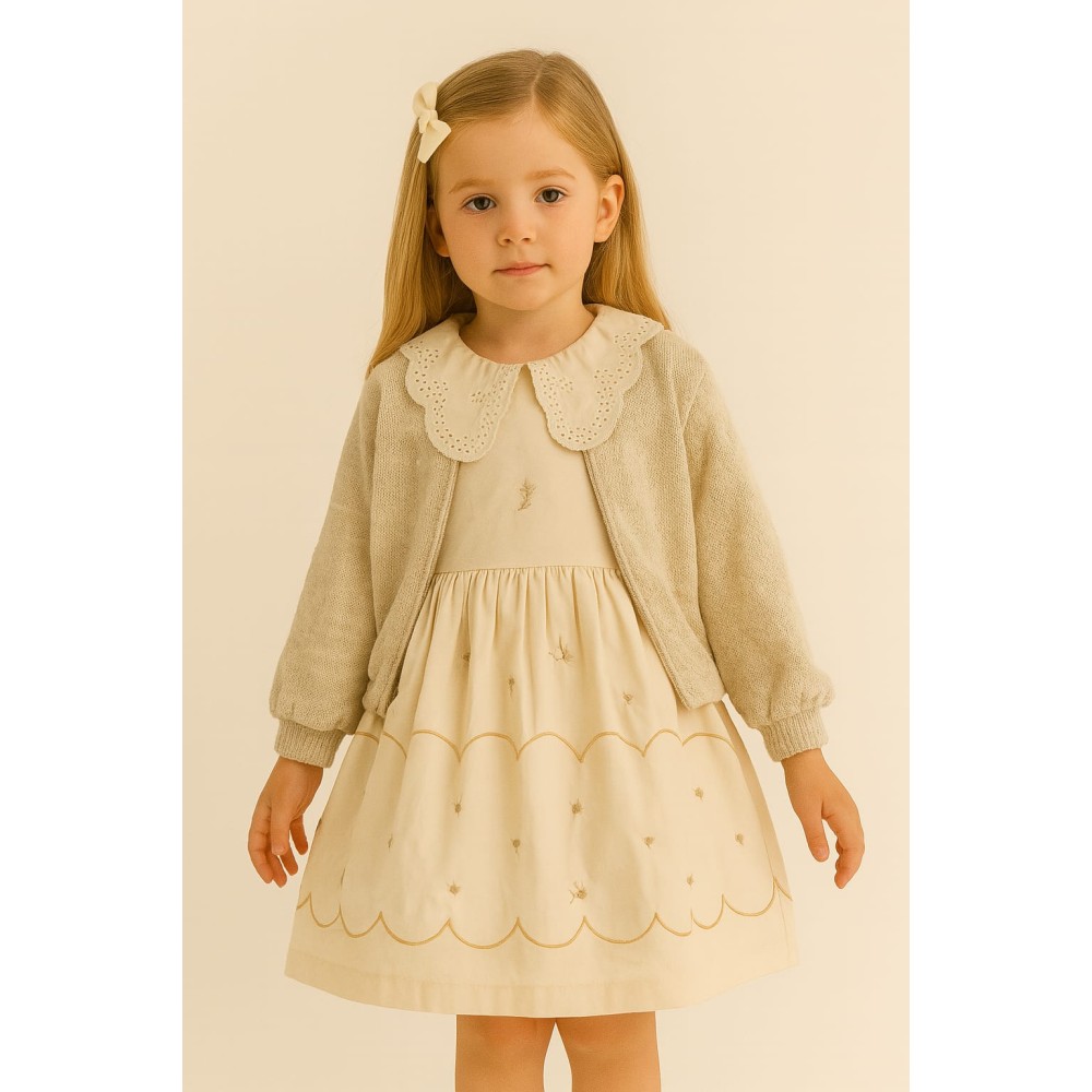 Παιδικο Φορεμα Με Πλεκτη Ζακετα  5-8 Χρονων  Μπεζ