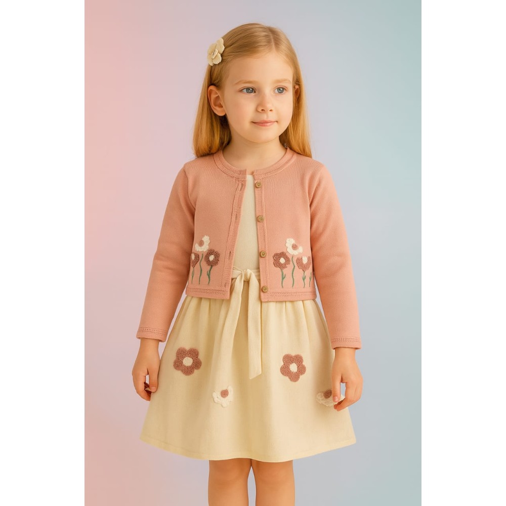 Παιδικο Φορεμα Με Πλεκτη Ζακετα 2-5 Χρονων  Κρεμ-Ροζ