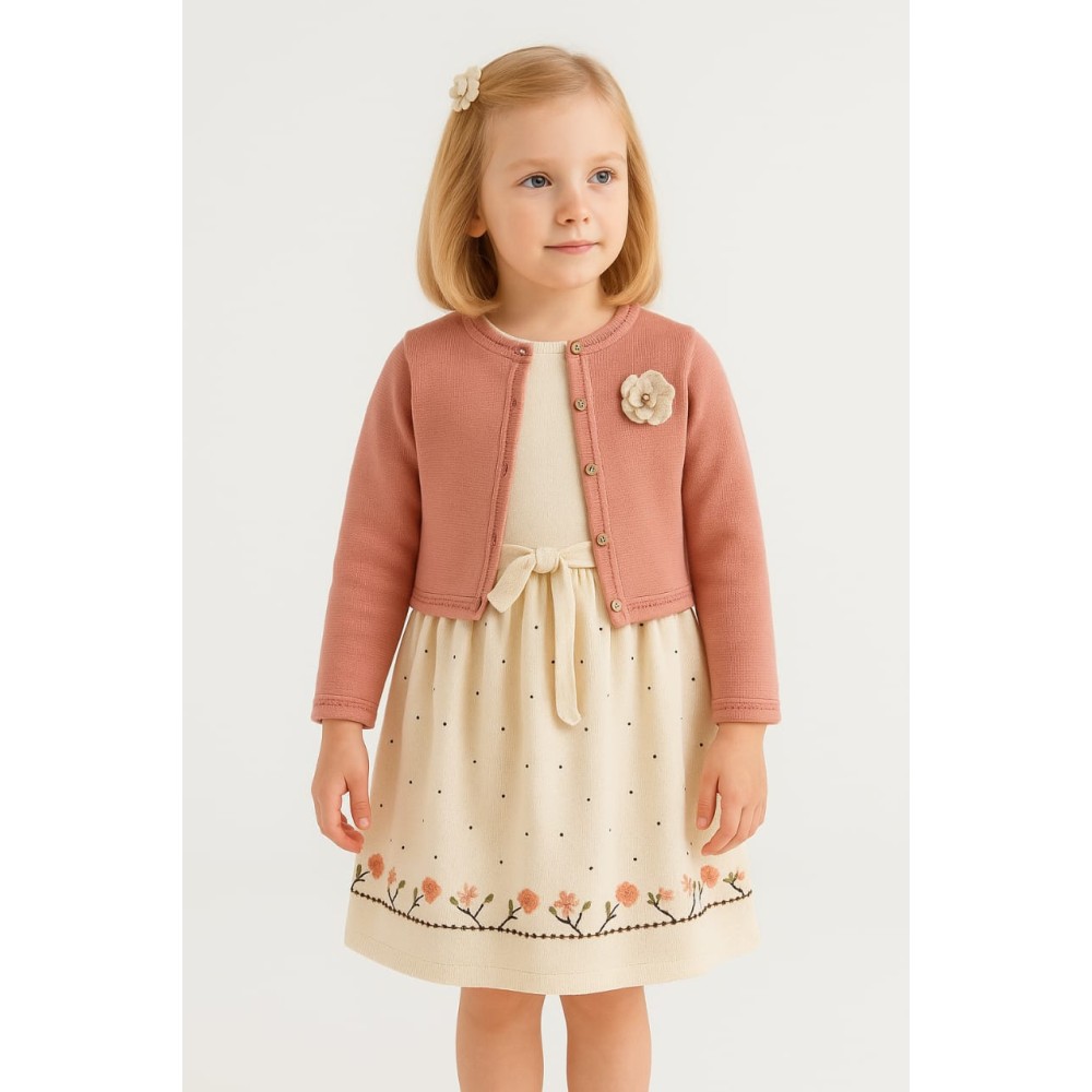 Παιδικο Φορεμα Με  Πλεκτη Ζακετα 6-9 Χρονων Κρεμ- Ροζ