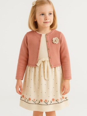 Παιδικο Φορεμα Με Πλεκτη Ζακετα  2-5 Χρονων  Κρε -Ροζ