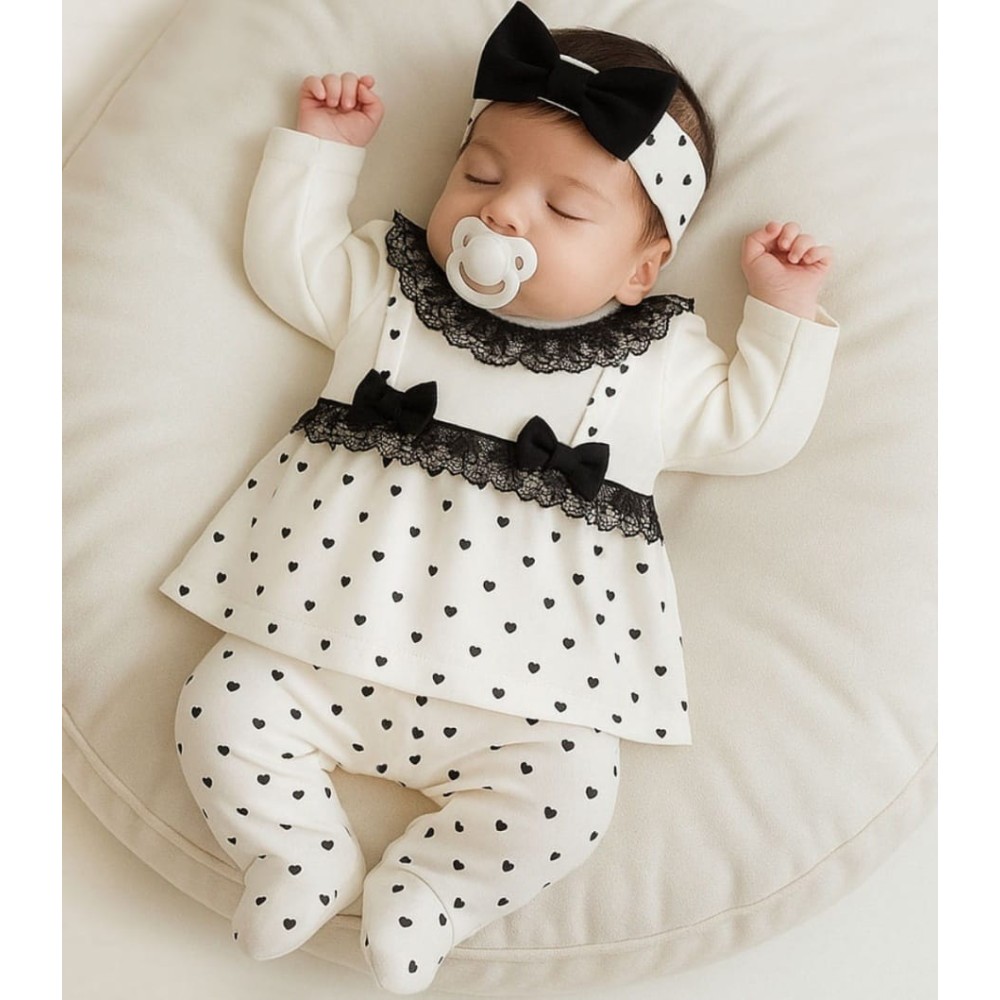Σετ Νεογέννητο 3Τμχ Για Κορίτσι  0-6 Μηνών Λευκό - Μαύρο