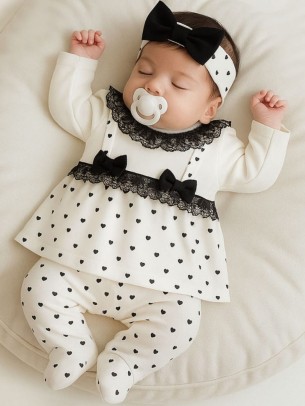 Σετ Νεογέννητο 3Τμχ Για Κορίτσι  0-6 Μηνών Λευκό - Μαύρο