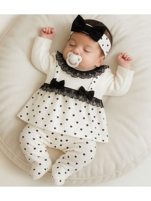 Σετ Νεογέννητο 3Τμχ Για Κορίτσι  0-6 Μηνών Λευκό - Μαύρο