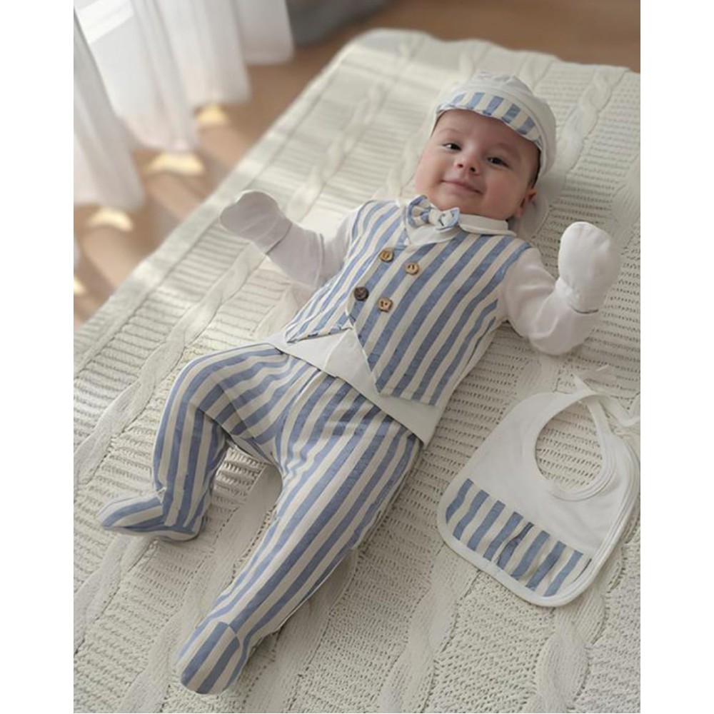 Σετ Νεογέννητο 5Τμχ Για Αγόρι 0-3 Μηνών Εκρού-Μπλε