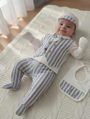 Σετ Νεογέννητο 5Τμχ Για Αγόρι 0-3 Μηνών Εκρού-Μπλε