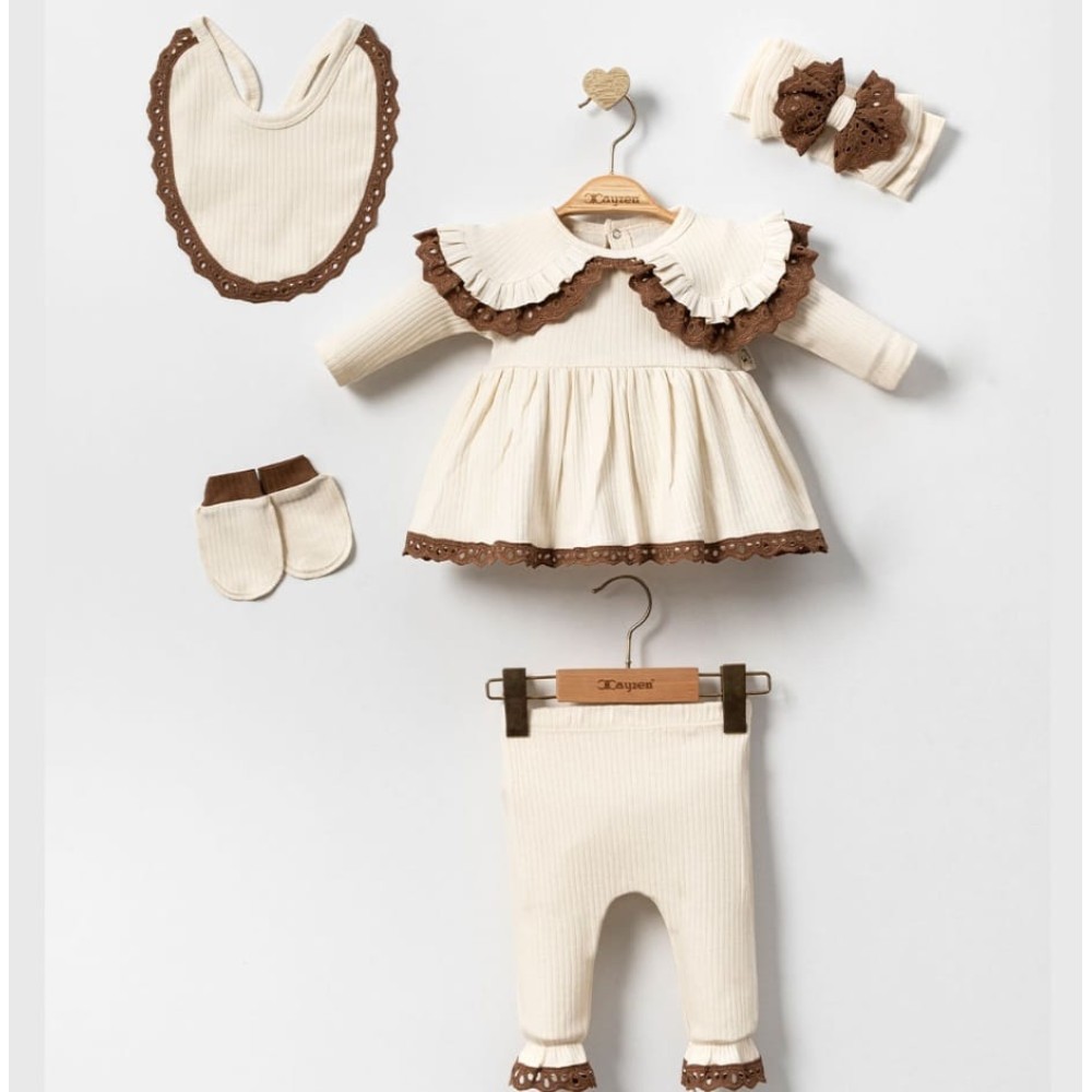 Σετ Νεογέννητο 5Τμχ Για Κορίτσι  0-3 Μηνών Εκρού - Καφέ