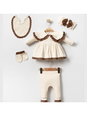 Σετ Νεογέννητο 5Τμχ Για Κορίτσι  0-3 Μηνών Εκρού - Καφέ