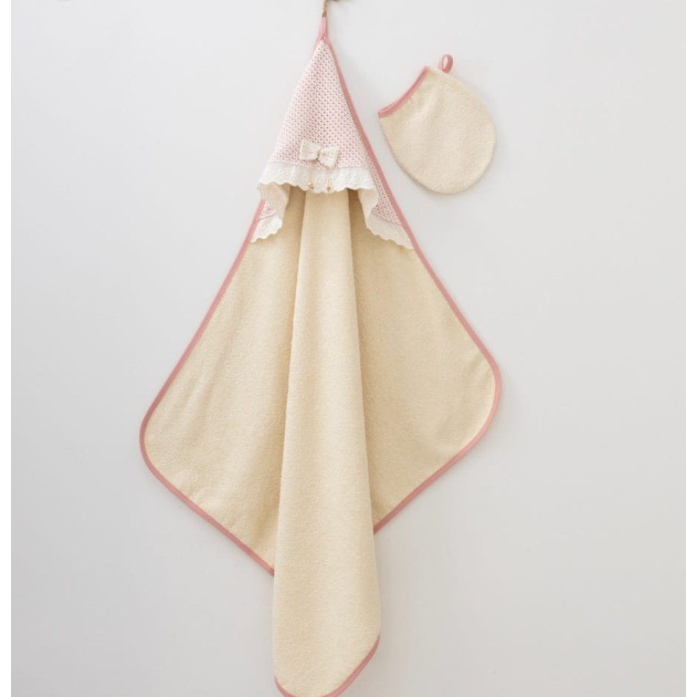 Βρεφική Πετσέτα Μπάνιου Μπεζ-Κερασί