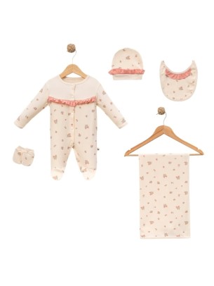 Σετ Νεογέννητο 5Τμχ Για Κορίτσι  0-3 Μηνών Εκρού - Φούξια 