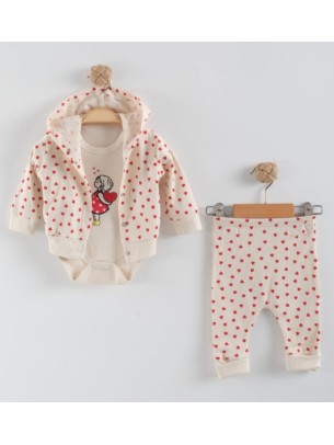 Βρεφικό Σετ 3Τμχ Για Κορίτσι 0-9 Μηνών Εκρού-Kόκκινο