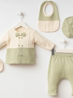 Σετ Νεογέννητο 5Τμχ Για Αγόρι  0-3 Μηνών Εκρού-Πράσινο