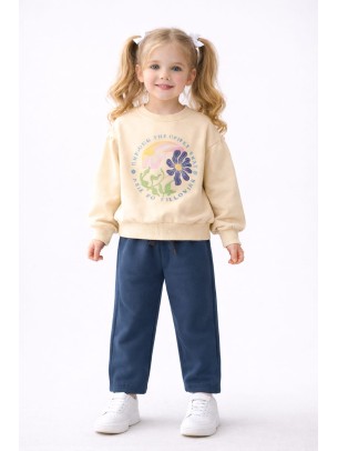 Παιδικό Σετ Φόρμα Για Κορίτσι 3-7 Χρονών Μπεζ - Σκούρο Μπλε