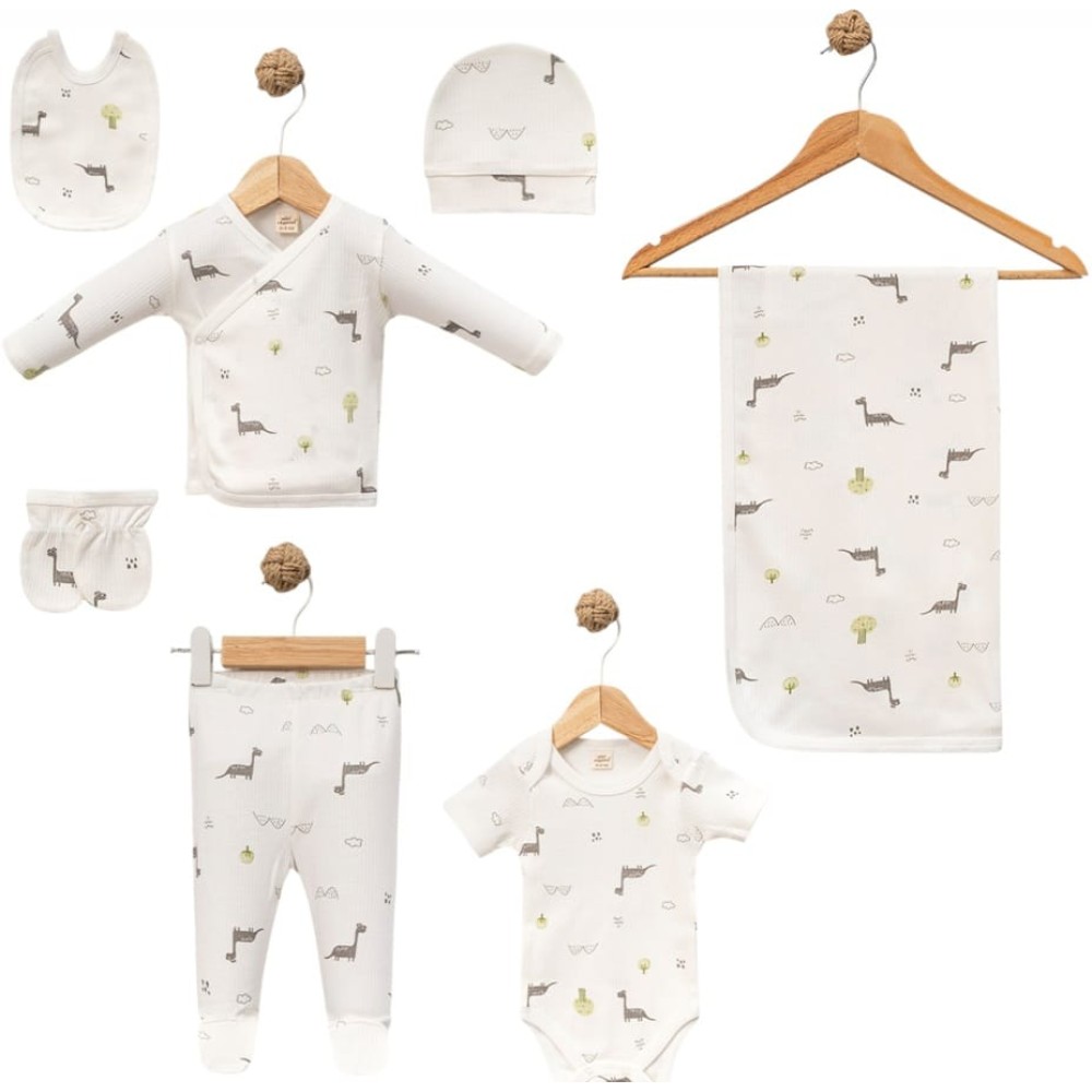 Σετ Νεογέννητο 7Τμχ Για Αγόρι  0-3 Μηνών Εκρού - Πράσινο