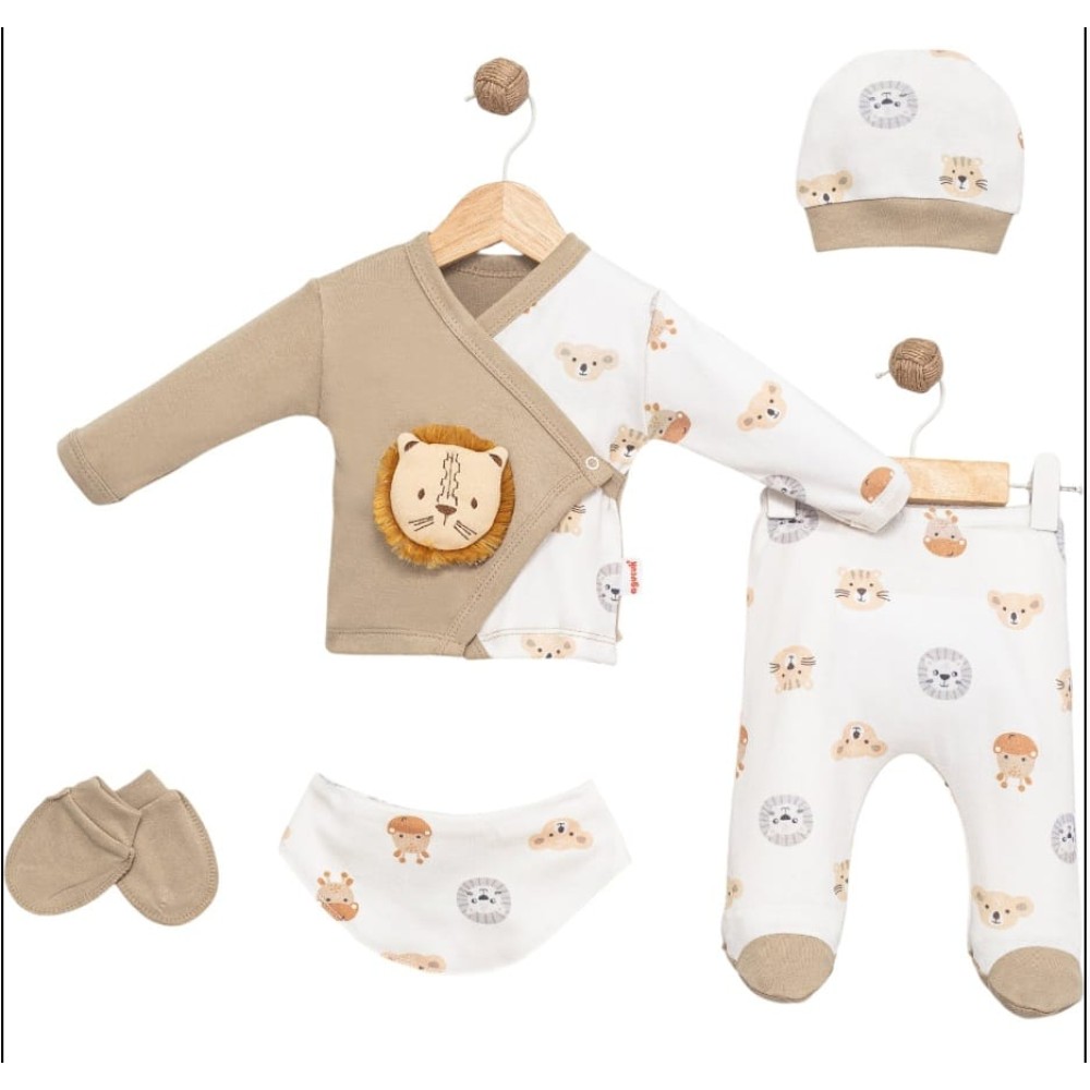 Σετ Νεογέννητο 5Τμχ Για Αγόρι  0-3 Μηνών Καφέ - Λευκό