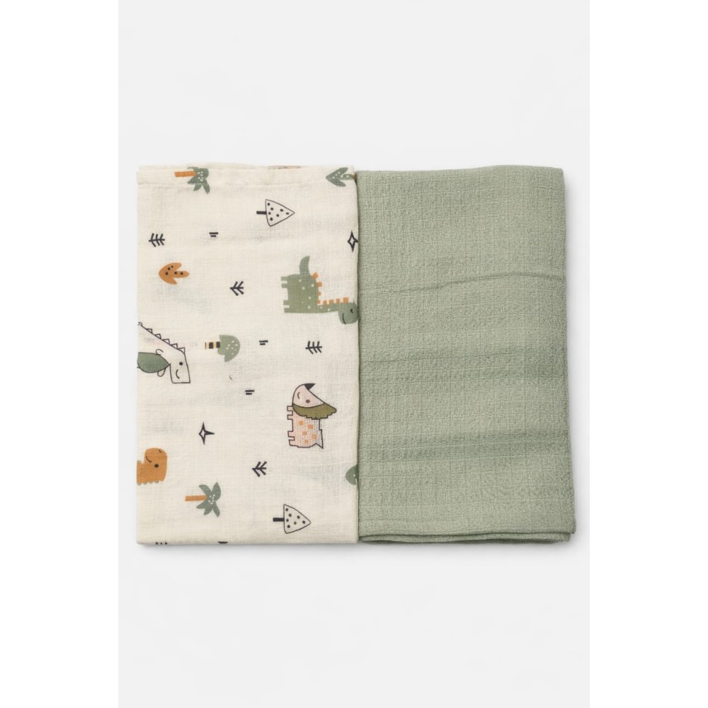 Βρεφική Κουβέρτα Αγκαλιάς 2Τμχ Μουσελίνα Λευκό-Λαδί