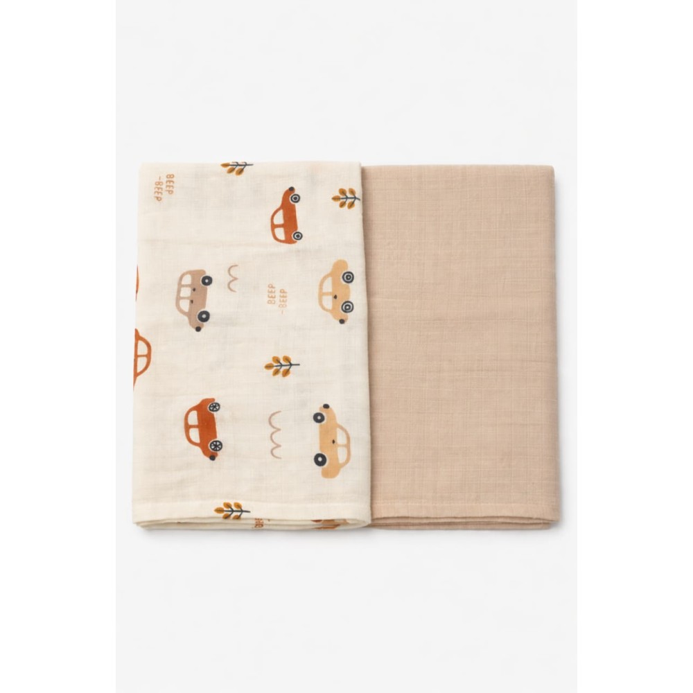 Βρεφική Κουβέρτα Αγκαλιάς 2Τμχ Μουσελίνα Εκρού-Καφέ