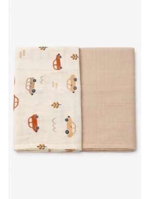 Βρεφική Κουβέρτα Αγκαλιάς 2Τμχ Μουσελίνα Εκρού-Καφέ