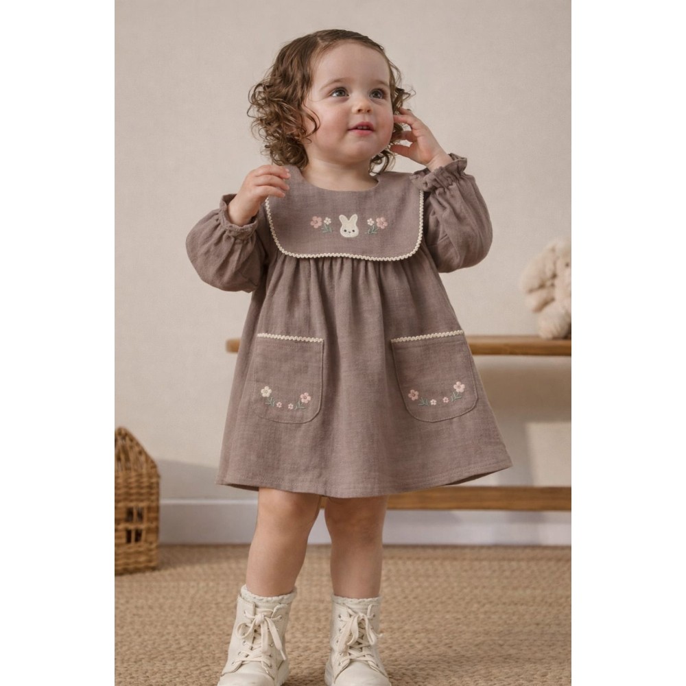 Βρεφικό Φόρεμα Μουσελίνα 6-36 Μηνών Καφέ