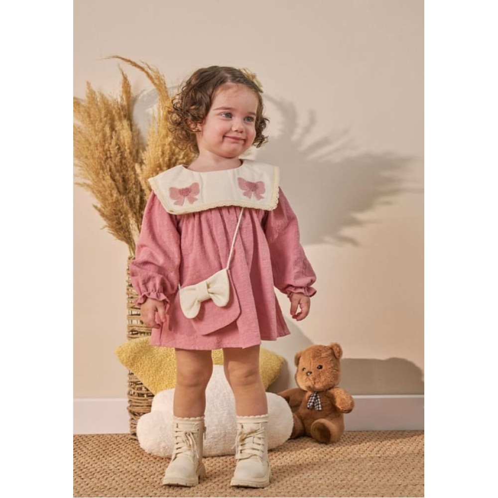 Βρεφικό Φόρεμα Μουσελίνα 6-36 Μηνών Πούδρα