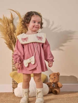 Βρεφικό Φόρεμα Μουσελίνα 6-36 Μηνών Πούδρα