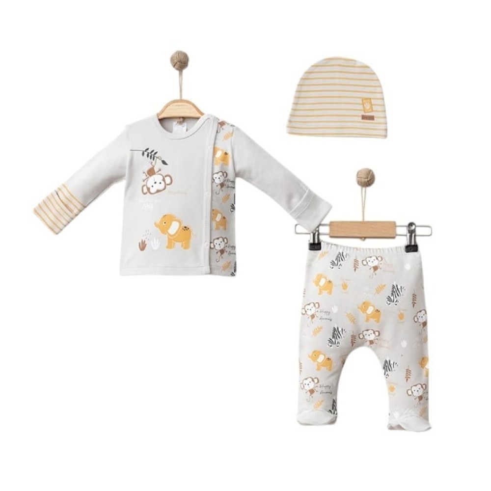 Σετ Νεογέννητο 3Τμχ Για Αγόρι  0-3 Μηνών Γκρι - Μουσταρδί