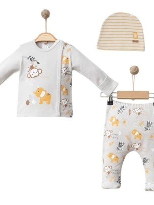 Σετ Νεογέννητο 3Τμχ Για Αγόρι  0-3 Μηνών Γκρι - Μουσταρδί