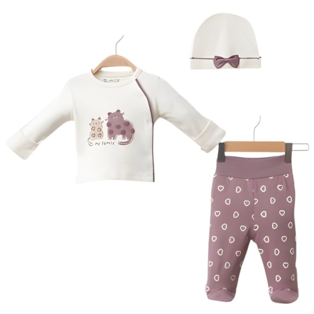 Σετ Νεογέννητο 3Τμχ Για Κορίτσι 0-3 Μηνών Εκρού-Μωβ