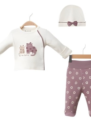 Σετ Νεογέννητο 3Τμχ Για Κορίτσι 0-3 Μηνών Εκρού-Μωβ