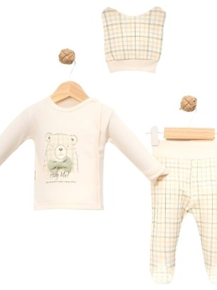 Σετ Νεογέννητο 3Τμχ Για Αγόρι  0-3 Μηνών Εκρού-Πράσινο 