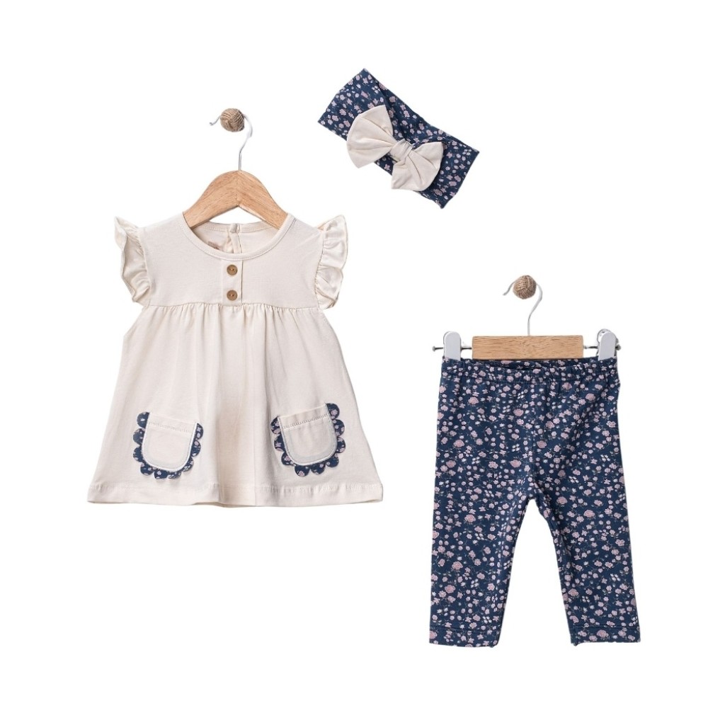 Βρεφικό Σετ Για Κορίτσι 9-36 Μηνών Εκρού-Σκούρο Μπλε