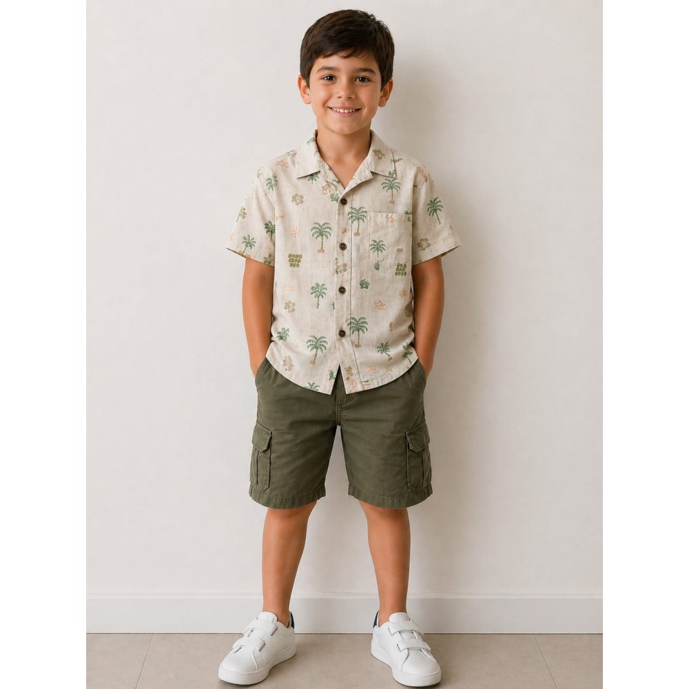 Παιδικό Πουκάμισο Για Αγόρι 3-8 Χρονών Εκρού-Πράσινο