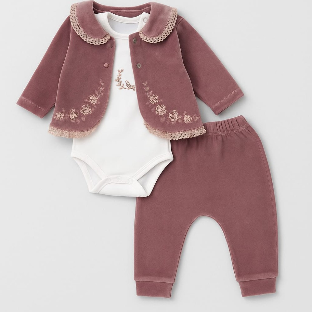 Βρεφικό Σετ Βελουτέ Για Κορίτσι 0-12 Μηνών Μωβ 