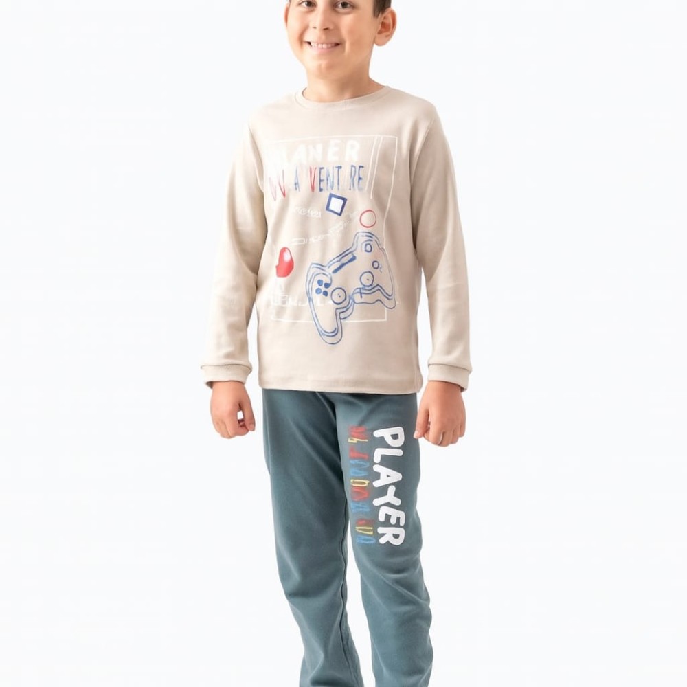 Παιδικό Σετ Πιτζάμα Για Αγόρι 6-10 Χρονών Μπεζ - Πετρόλ