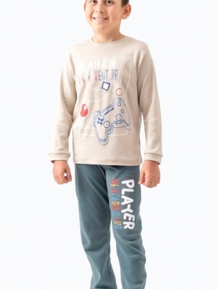 Παιδικό Σετ Πιτζάμα Για Αγόρι 6-10 Χρονών Μπεζ - Πετρόλ