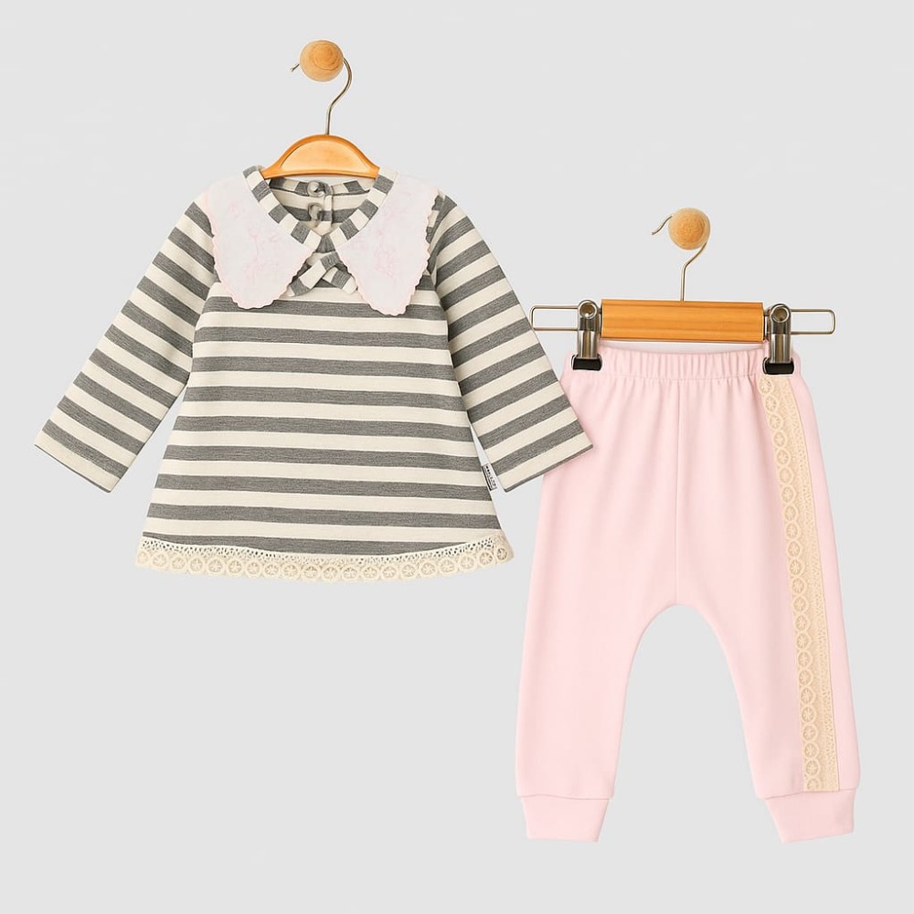 Βρεφικό Σετ Φόρμα Για Κορίτσι 3-12 Μηνών Γκρι- Σομόν