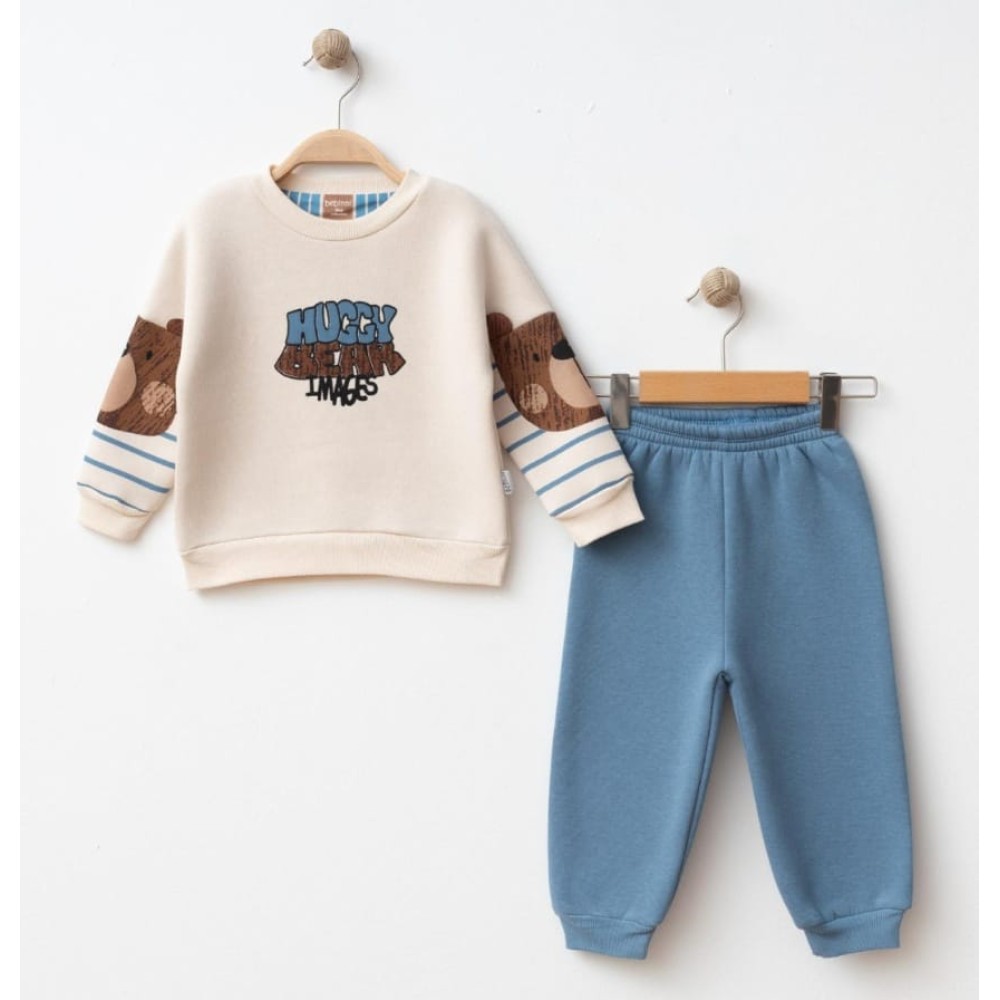 Βρεφικό Σετ Φόρμα με Φλίς Για Αγόρι 6-24 Μηνών Εκρού-Μπλε