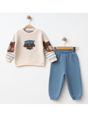 Βρεφικό Σετ Φόρμα με Φλίς Για Αγόρι 6-24 Μηνών Εκρού-Μπλε