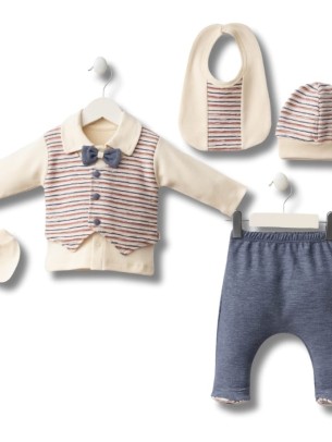 Σετ Νεογέννητο 5Τμχ Για Αγόρι  0-3 Μηνών Εκρού-Μπλε