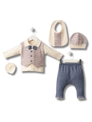 Σετ Νεογέννητο 5Τμχ Για Αγόρι  0-3 Μηνών Εκρού-Μπλε