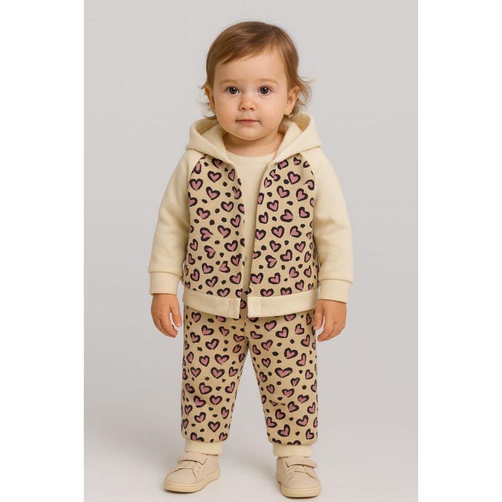 Βρεφικό Σετ Φόρμα με Φλις 3Τμχ Για Κορίτσι 6-24 Μηνών Μπεζ- Ροζ