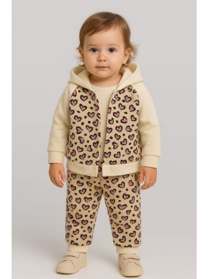 Βρεφικό Σετ Φόρμα με Φλις 3Τμχ Για Κορίτσι 6-24 Μηνών Μπεζ- Ροζ