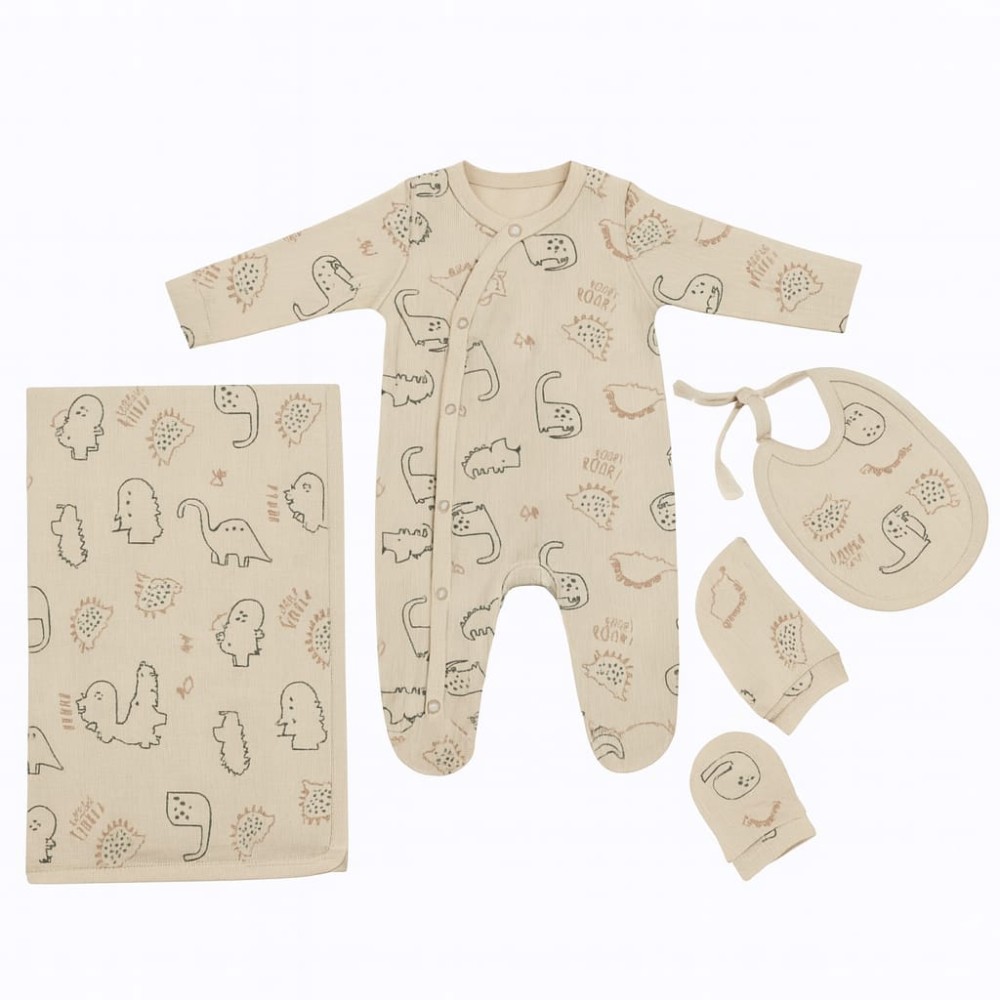 Σετ Νεογέννητο 5Τμχ Για Αγόρι  0-3 Μηνών Εκρού-Πράσινο