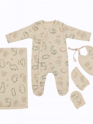 Σετ Νεογέννητο 5Τμχ Για Αγόρι  0-3 Μηνών Εκρού-Πράσινο